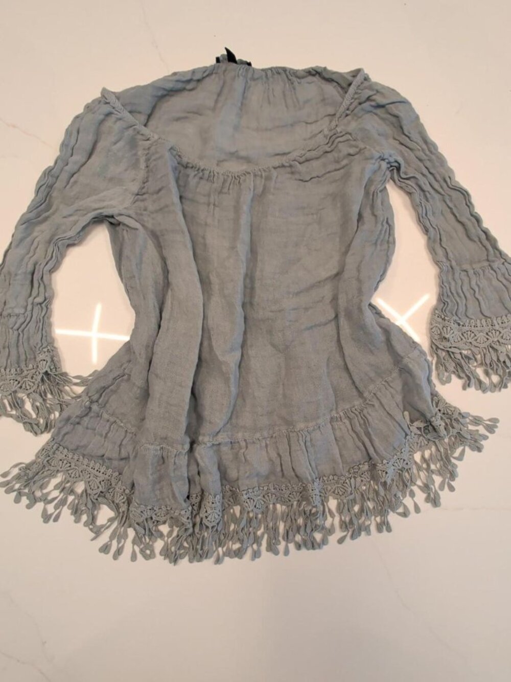 Saks Fifth Avenue Linen Sz M Women Blue Blouse Boho Ethereal Tassel Shirt Summer